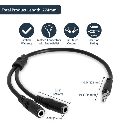 3.5mm Slim Stereo Splitter Cable Black 0.2m Male to 2x Female