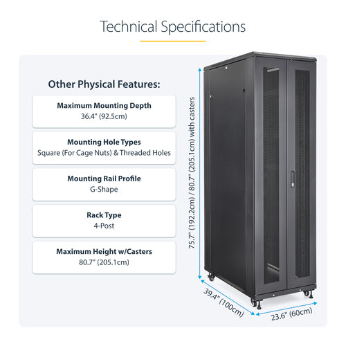 StarTech.com RK4236BKB 42HE Netzwerkschrank für Server- und AV-Geräte – 19-Zoll-Datenschrank