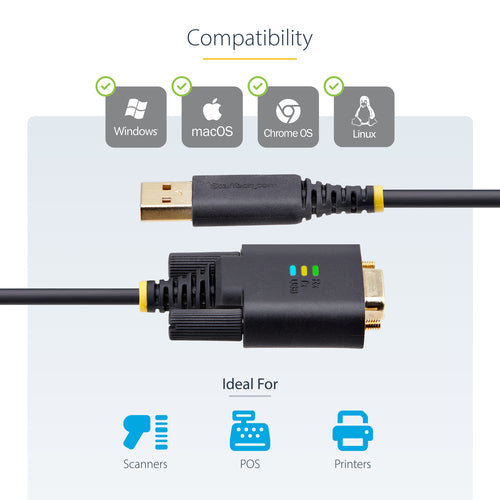USB-Seriell-Adapterkabel, 3 m, FTDI IC, Schwarz für Windows/macOS/Linux