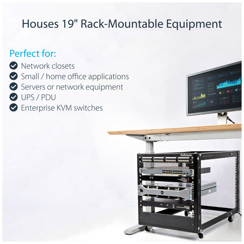 12U Open Frame Server Rack with Wheels Adjustable Depth 544kg Capacity