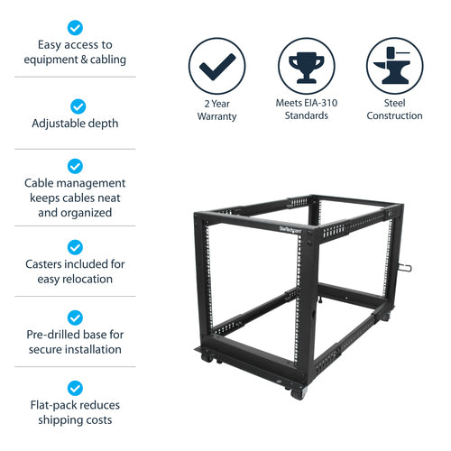 12U Open Frame Server Rack with Wheels Adjustable Depth 544kg Capacity