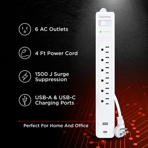 CyberPower 6 Outlet Surge Protector with USB 1500 Joules 125V