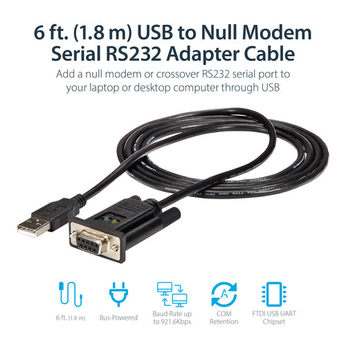 USB to Serial RS232 Adapter Cable 6ft FTDI DB9 Null Modem