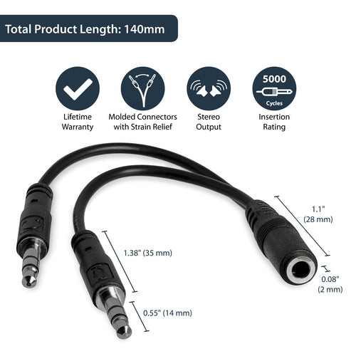 3.5mm Headset Splitter Adapter StarTech 0.13m Male to 2x Female Black