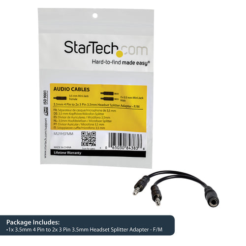 3.5mm Headset Splitter Adapter StarTech 0.13m Male to 2x Female Black