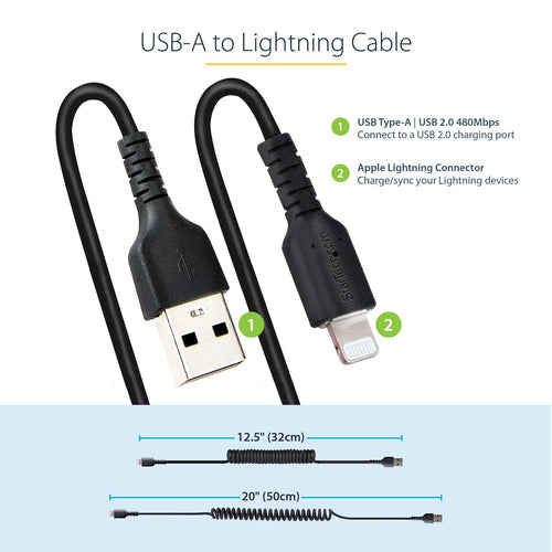 StarTech.com 50cm USB-zu-Lightning-Kabel - MFi-zertifiziertes, robustes gewickeltes iPhone-Ladekabel, Schwarz