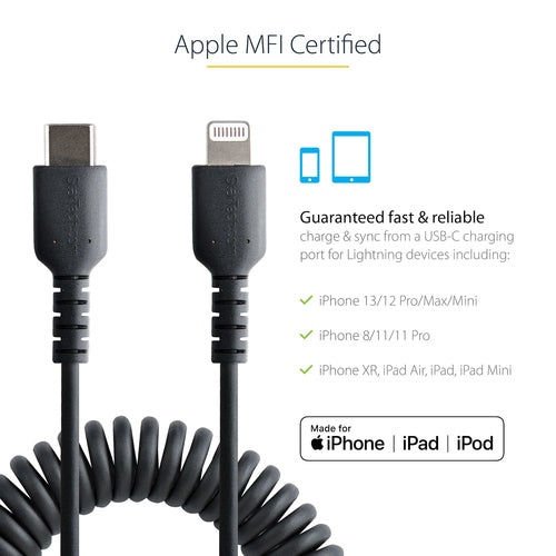 USB C to Lightning Cable 1m MFi Certified Coiled Charger Black