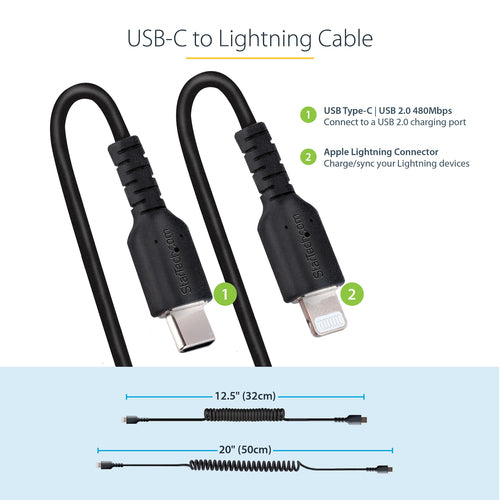 USB C to Lightning Cable 50cm Coiled Durable MFi Certified