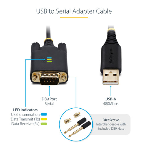 USB to Serial Adapter Cable 3ft Black FTDI IC Windows/macOS/Linux