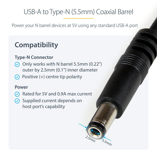 StarTech.com USB auf 5,5-mm-Stromkabel 1 m – Barrel-Stecker Typ N