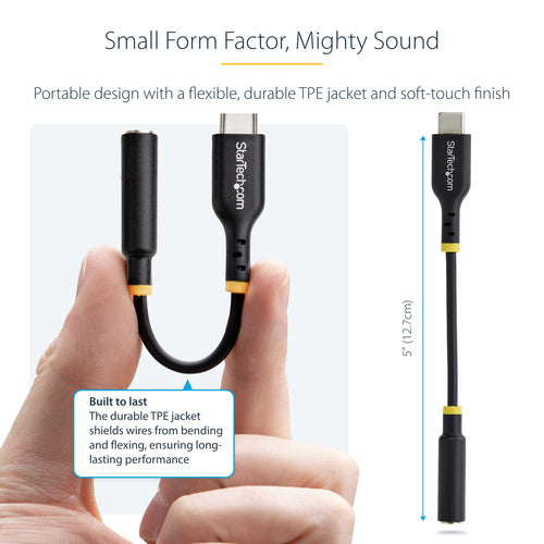USB-C to 3.5mm TRRS Headphone Adapter 32-bit DAC Black 5in