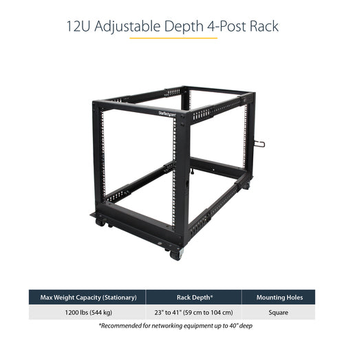 12U Open Frame Server Rack with Wheels Adjustable Depth 544kg Capacity